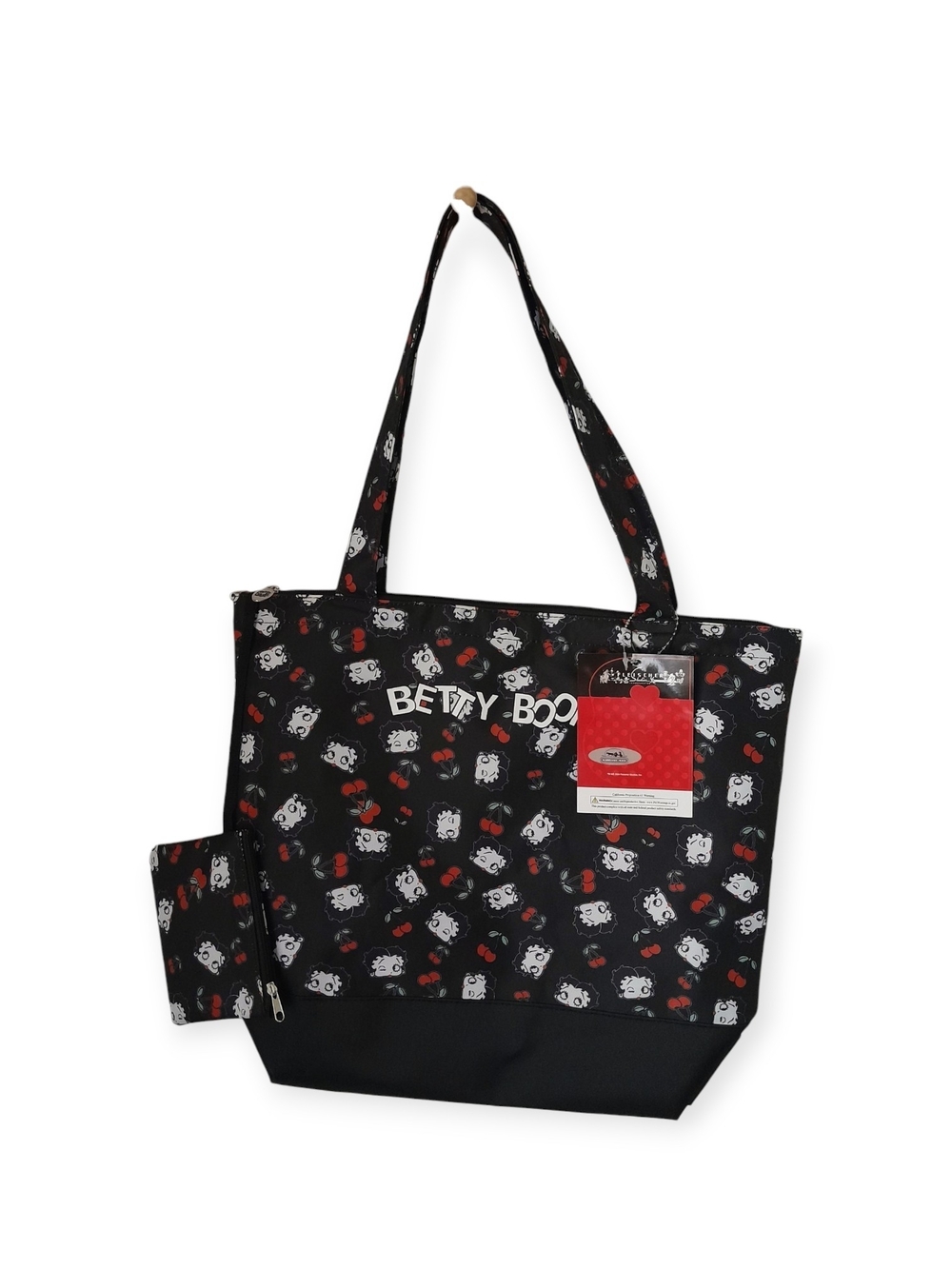 Betty Boop Canvas Tote Bag with Attached Coin Purse Black Cherry Print NWT